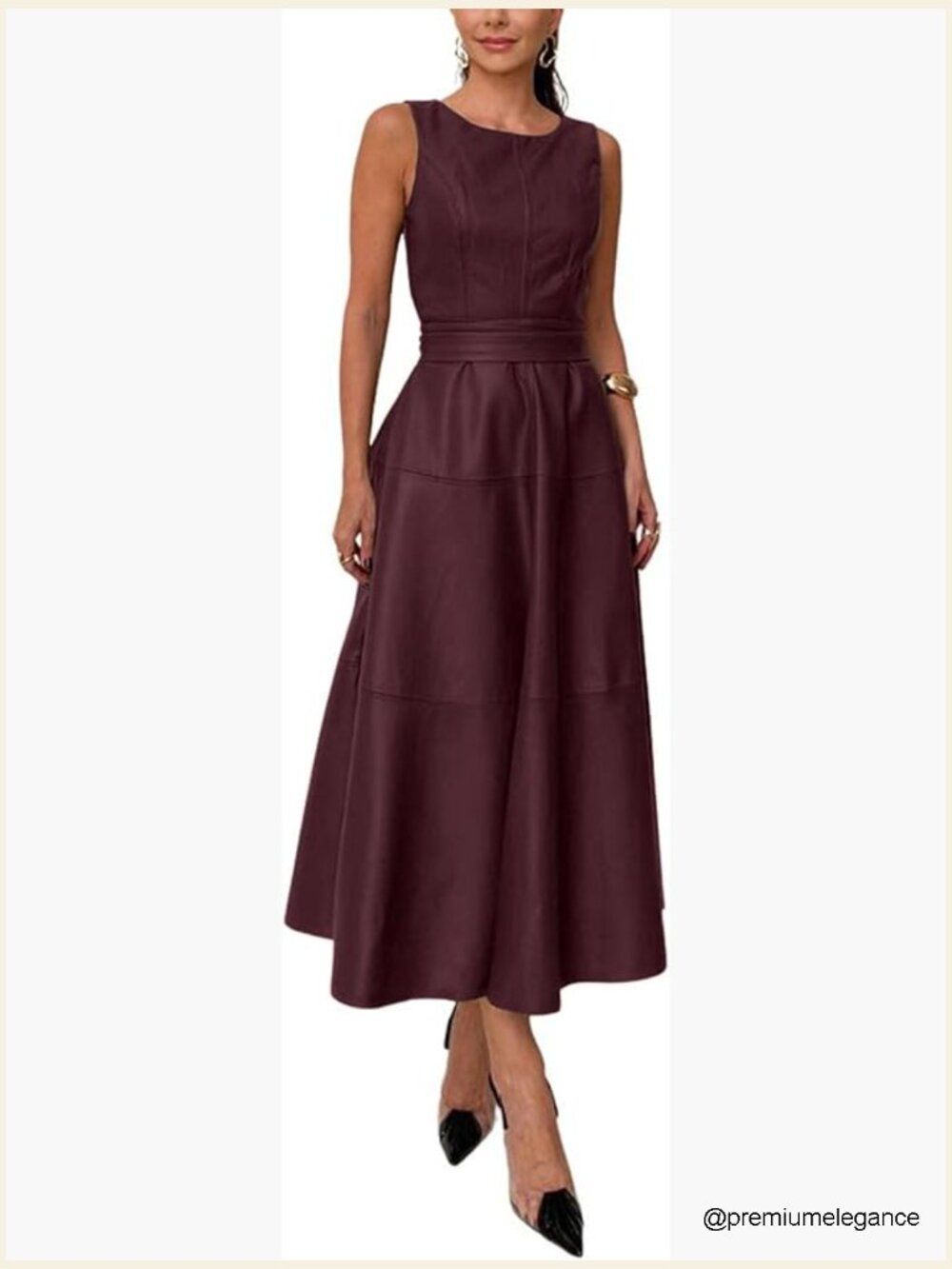 Sleeveless Faux Leather Midi Dress with Belt